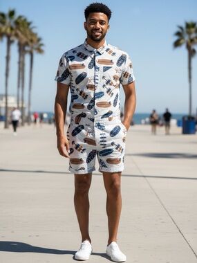 Glimms New York Surfboard Men's AOP Button Front Romper Jumpsuit Size Small
